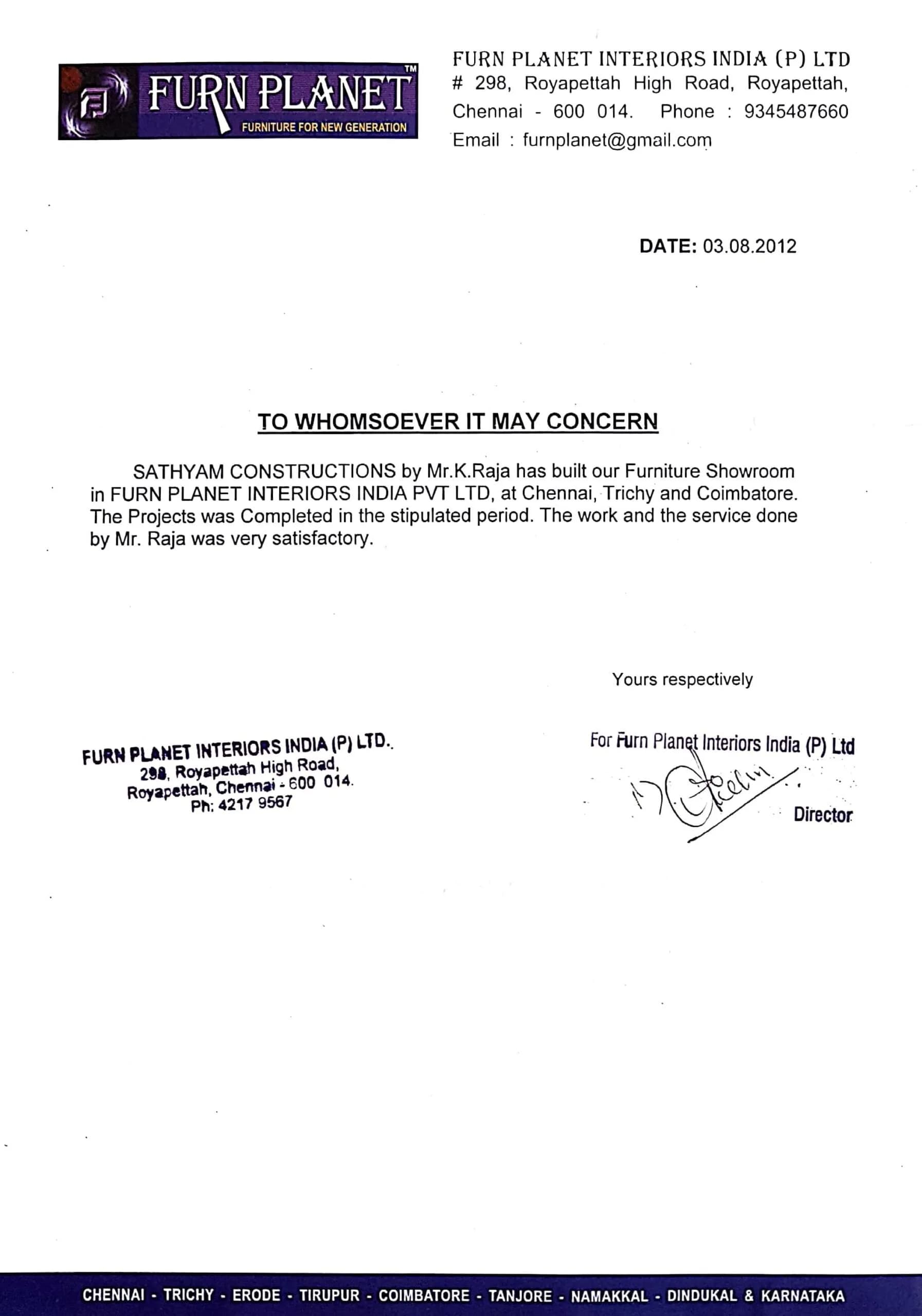 Recommendation letter from Furn Planet Interiors India (P) Ltd