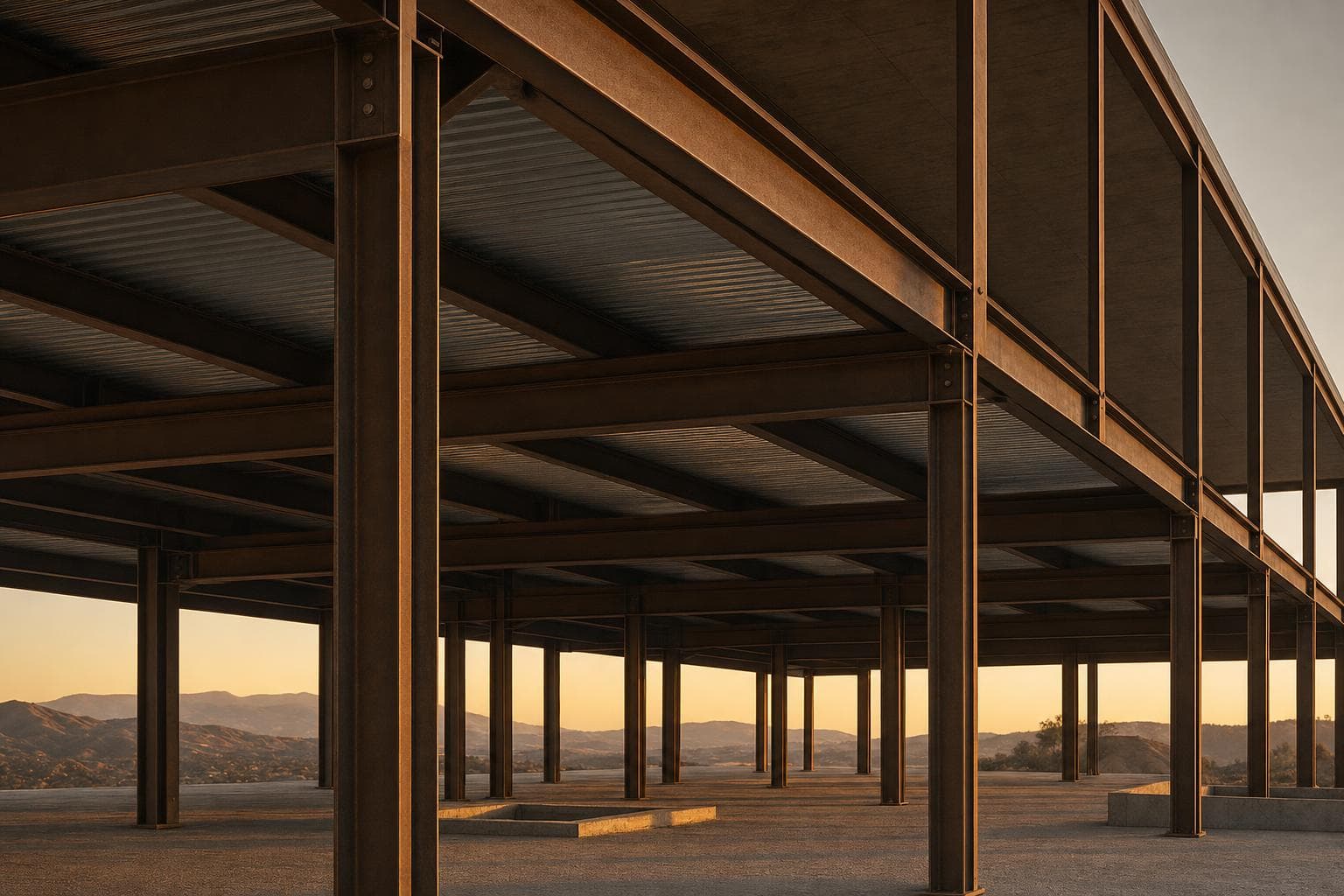 Steel–concrete composite structure under construction — an exposed pre-engineered steel frame carrying a cast concrete slab